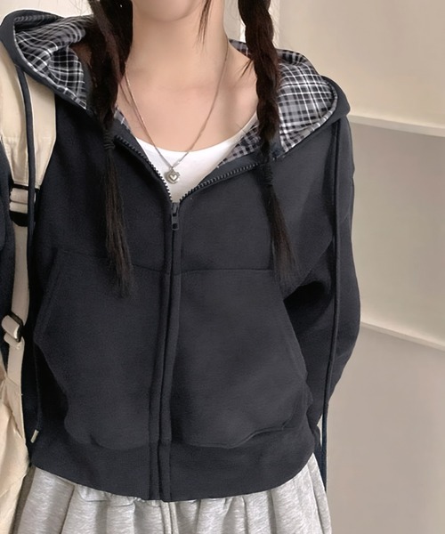 パーカー チェック切り替えショートジップパーカー レディース