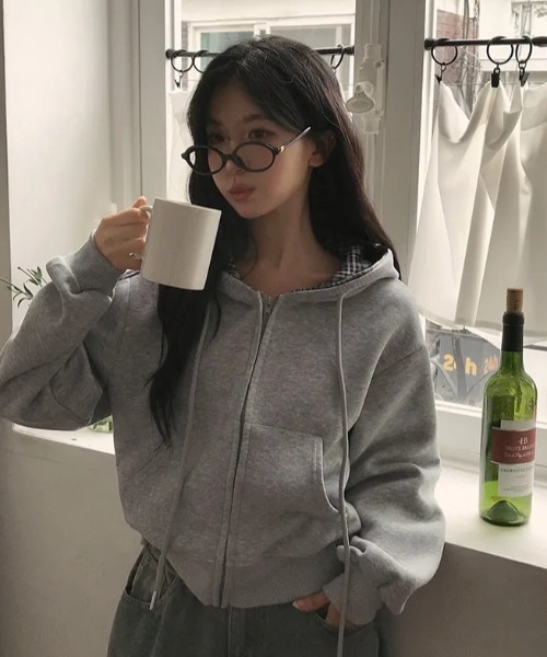 パーカー チェック切り替えショートジップパーカー レディース