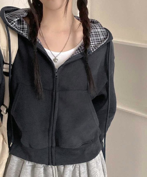 パーカー チェック切り替えショートジップパーカー レディース