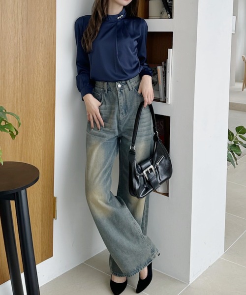 「Miniministore」 長袖ブラウス M ブルーグレー レディース_画像4