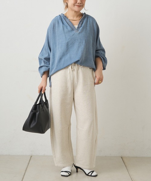 pual ce cin ブラウス シャツ 襟元フリルシアーデニムブラウス 