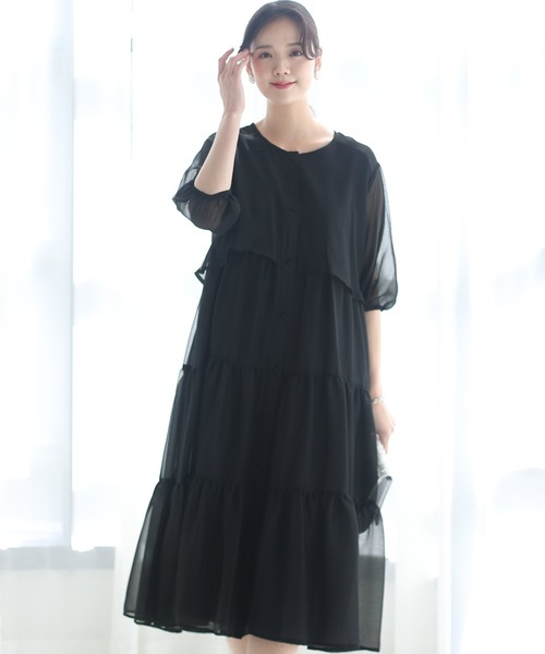 「PourVous」 「haremode」7分袖ワンピース M ネイビー レディースの画像