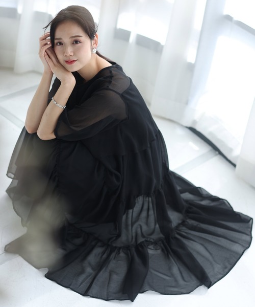 「PourVous」 「haremode」7分袖ワンピース M ネイビー レディースの画像