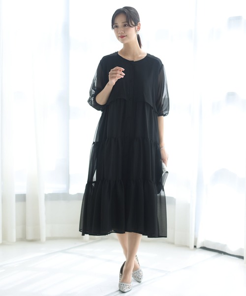 「PourVous」 「haremode」7分袖ワンピース M ネイビー レディースの画像