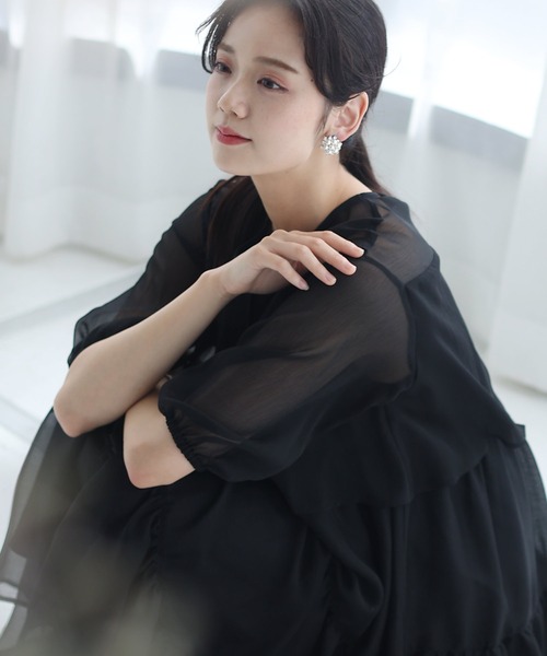 「PourVous」 「haremode」7分袖ワンピース M ネイビー レディースの画像