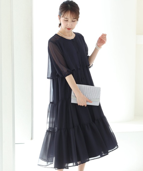 「PourVous」 「haremode」7分袖ワンピース M ネイビー レディースの画像