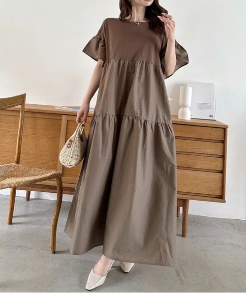 umune ワンピース 半袖 ティアードワンピース ロング マキシ丈 フレア