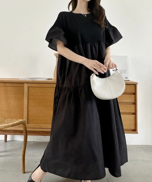 umune ワンピース 半袖 ティアードワンピース ロング マキシ丈 フレア