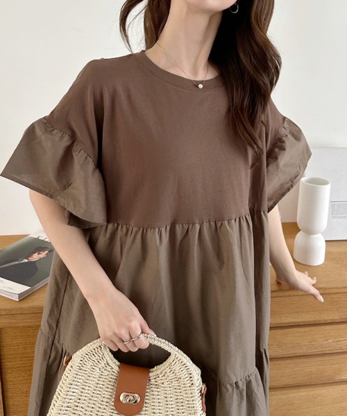 umune ワンピース 半袖 ティアードワンピース ロング マキシ丈 フレア