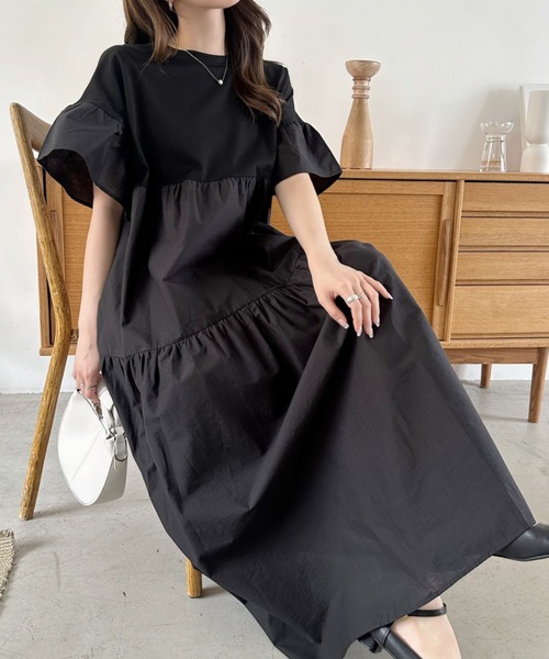 umune ワンピース 半袖 ティアードワンピース ロング マキシ丈 フレア