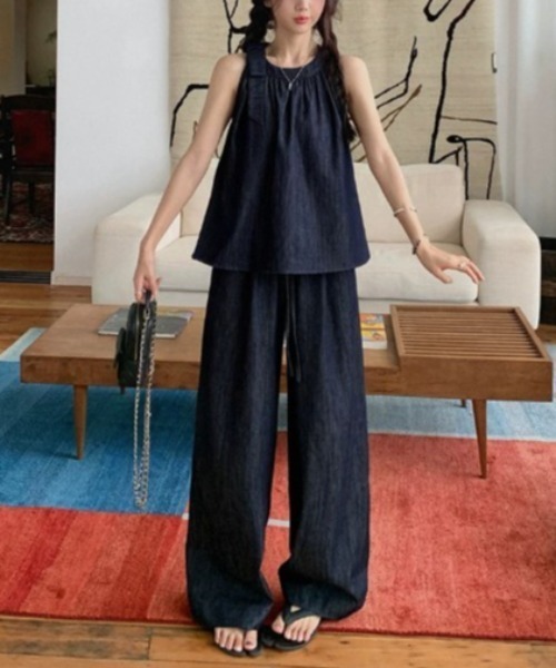 FAVORITO セットアップ デニムホルターネックトップスワイドパンツ