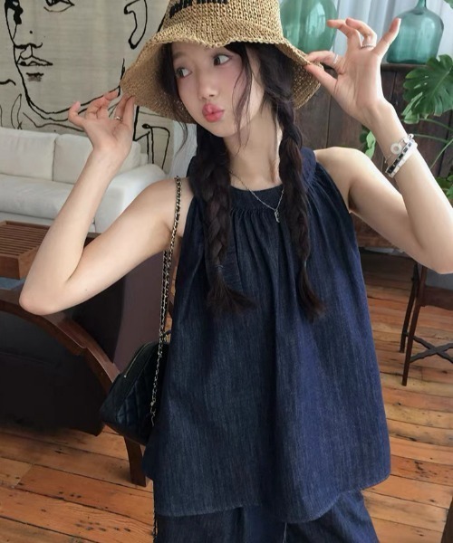 FAVORITO セットアップ デニムホルターネックトップスワイドパンツ
