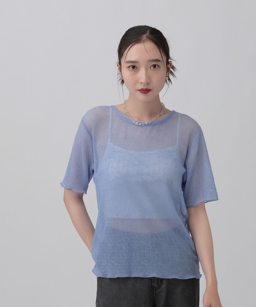 青と白のプリーツ加工半袖Tシャツ LEPSIM（レプシィム） tシャツ 半袖 シアープリーツデザインSS 839831