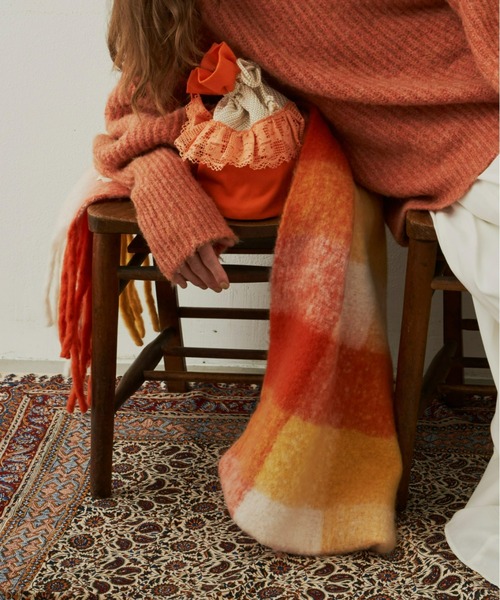 【新品同様】プラダ　コート　チェック　ツイード　オレンジ　カフス　ボリューム袖 新品同様】プラダ コート チェック ツイード オレンジ カフス