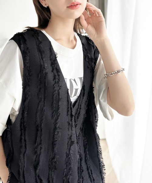 ベスト ジレ シャイニーカットジャカード Vカラージレ レディース ジレ ニット レディース ベスト Vネック 深Vネックポケット付き