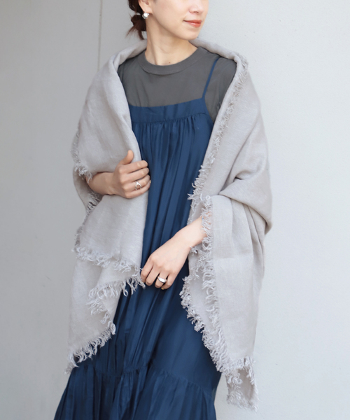 ASAUCE MELER アソースメレ　リネンストール　フリンジ　ブルー　青色 ASAUCE MELER（アソースメレ）の「＜ASAUCE MELER（アソース
