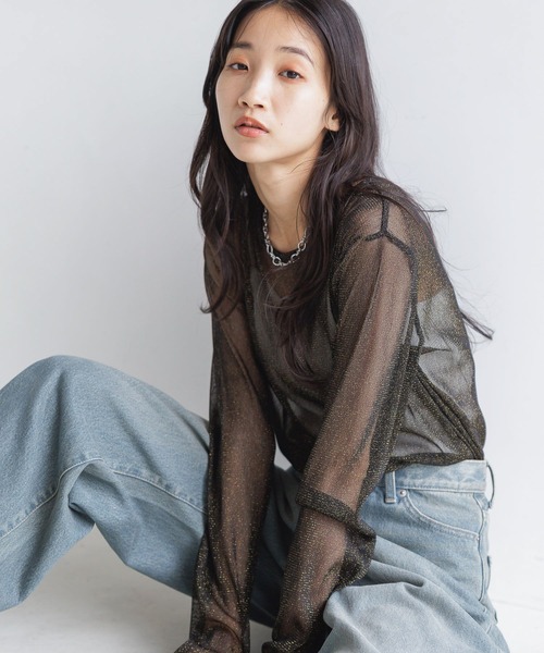 pom_p　ブラック LOWRYS FARM tシャツ シアーラメクルーLS 143395 レディース