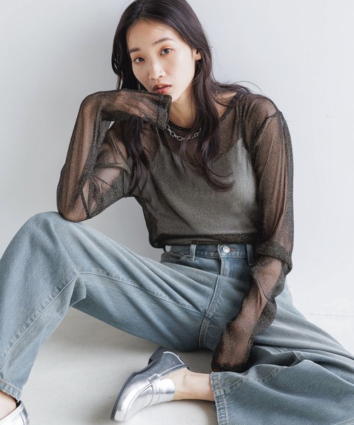 たろす LOWRYS FARM tシャツ シアーラメクルーLS 143395 レディース
