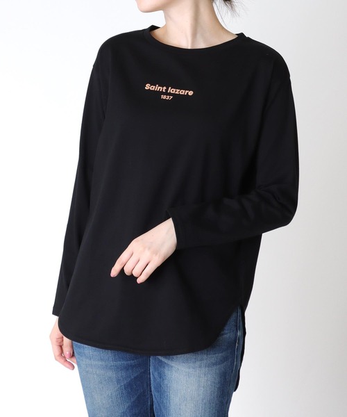 tシャツ 箔プリント ラウンドヘム長袖カットソー レディース