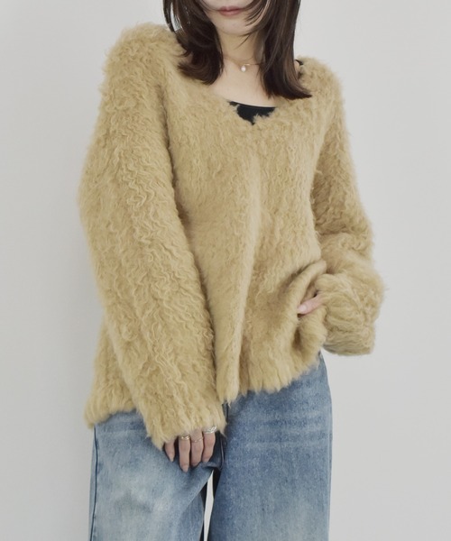 ニット セーター シャギーVネックニット　/ニット　ニットトップス　Vネック　Vネックニット　シャギー　シャギーニット　長袖　春服　秋服　冬服　きれい