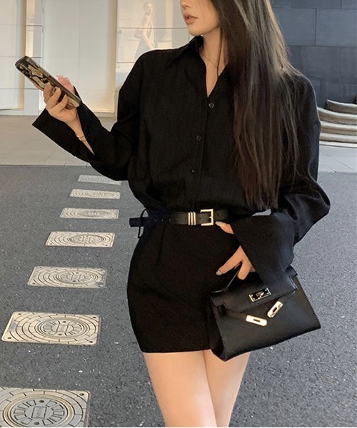 gossip!ロサンゼルス シャツワンピース ウエストマーク長袖ベルトつき