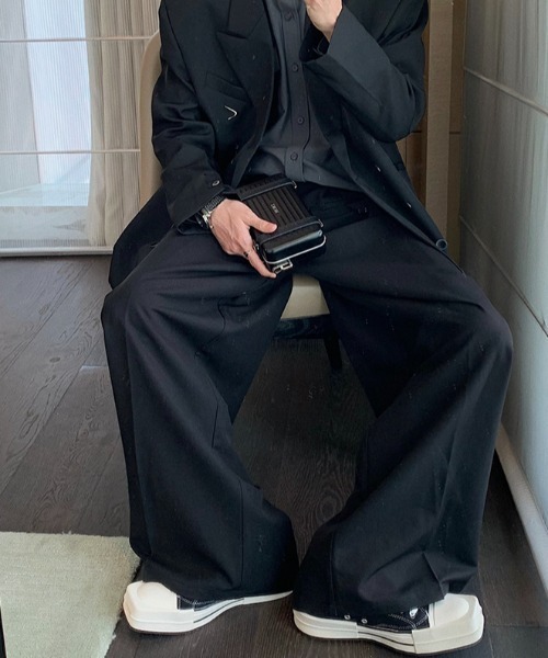 ✴︎変形ワイドスラックス✴︎モード系 前面折り返しデザイン ポケット付き ブラック link lot スラックス ウエストフック調整ワイドスラックス 変形
