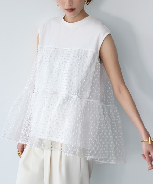 ELFRANK tシャツ ドットチュールドッキングカットソー
