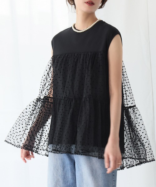 tシャツ ドットチュールドッキングフレンチトップス レディース セール】ドットチュールドッキングフレンチトップス（Tシャツ