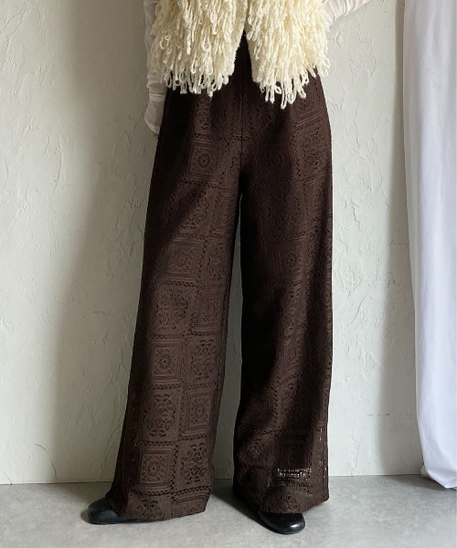 She's Closet パンツ セミワイドブロックレースロングパンツ