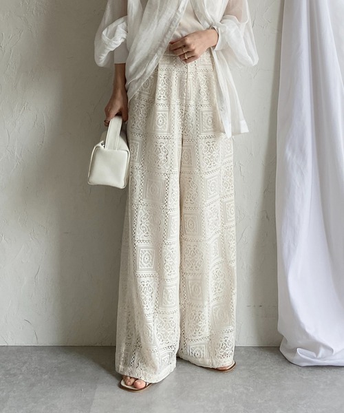 She's Closet パンツ セミワイドブロックレースロングパンツ