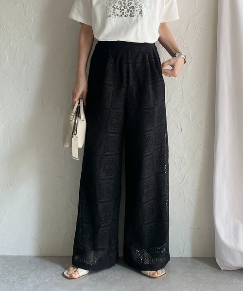 She's Closet パンツ セミワイドブロックレースロングパンツ