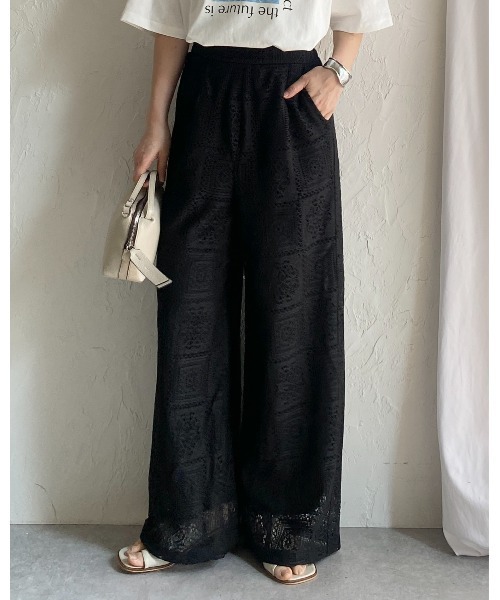 She's Closet パンツ セミワイドブロックレースロングパンツ