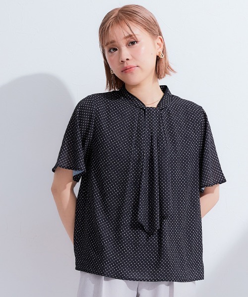 ブラウス シャツ 小さいサイズ　ボウタイ付き配色プチハイネックブラウス　低身長さん・小柄女性 レディース