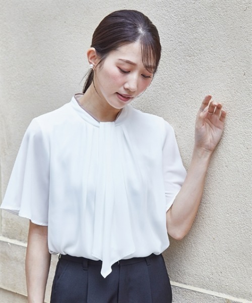 ブラウス シャツ 小さいサイズ　ボウタイ付き配色プチハイネックブラウス　低身長さん・小柄女性 レディース Petitjo ブラウス シャツ 小さいサイズ ボウタイ付き配色プチ