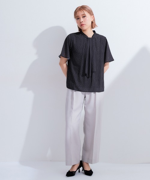 ブラウス シャツ 小さいサイズ　ボウタイ付き配色プチハイネックブラウス　低身長さん・小柄女性 レディース Petitjo ブラウス シャツ 小さいサイズ ボウタイ付き配色プチ