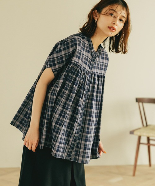 ブラウス シャツ フレンチスリーブチェックシャツ レディース studio CLIP ブラウス シャツ フレンチスリーブチェックギャザー