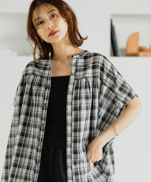 ブラウス シャツ フレンチスリーブチェックシャツ レディース studio CLIP ブラウス シャツ フレンチスリーブチェックギャザー