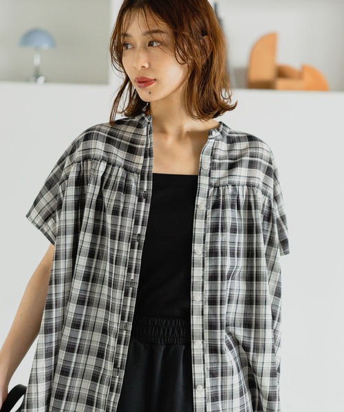 studio CLIP ブラウス シャツ フレンチスリーブチェックギャザー