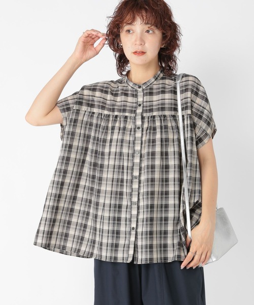 ブラウス シャツ チェックハイネックギャザードルマンフレンチブラウス レディース le.coeur blanc ブラウス シャツ チェックハイネックギャザー