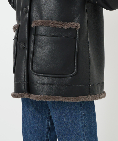 りんご　b.c stock リバーシブルミドル丈ムートンコート ブラック B.C STOCK（ベーセーストック）の「リバーシブルミドル丈ムートン