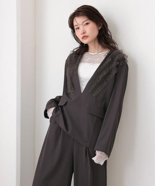 Kana パンツドレス チュールフリル ジャケット ワイドパンツ 2点セット
