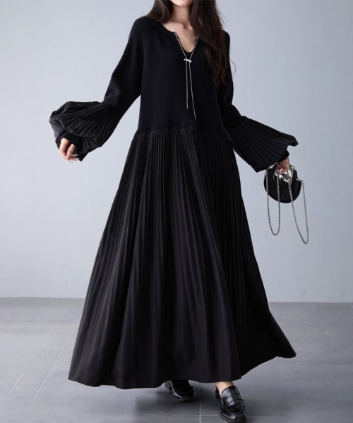 プリーツ切替ニットワンピ ワンピース 異素材プリーツ切替ニットワンピース : ZOZOTOWN Yahoo!店