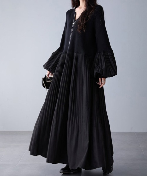 ワンピース 異素材プリーツ切替ニットワンピース | ブランド登録なし | 04