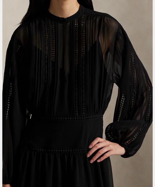 Itami ラルフローレン　ブラックフローラルシルクジョーゼット膝丈ドレス LAUREN RALPH LAUREN ダブルフェイスド ジョーゼット シャツドレス