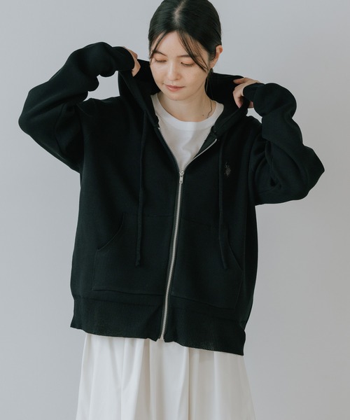 マユミ  新品ニットパーカー黒 MIDIUMISOLID for Ladies シアーダブルニットジップパーカー