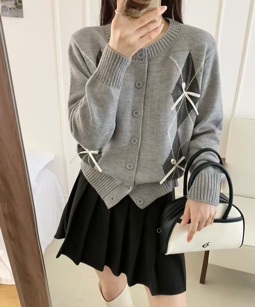 カーディガン リボン付きアーガイル柄ニットカーディガン レディース