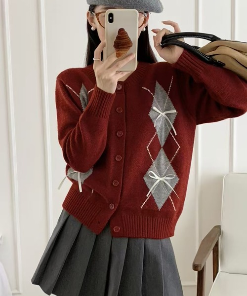 カーディガン リボン付きアーガイル柄ニットカーディガン レディース