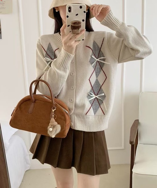 カーディガン リボン付きアーガイル柄ニットカーディガン レディース
