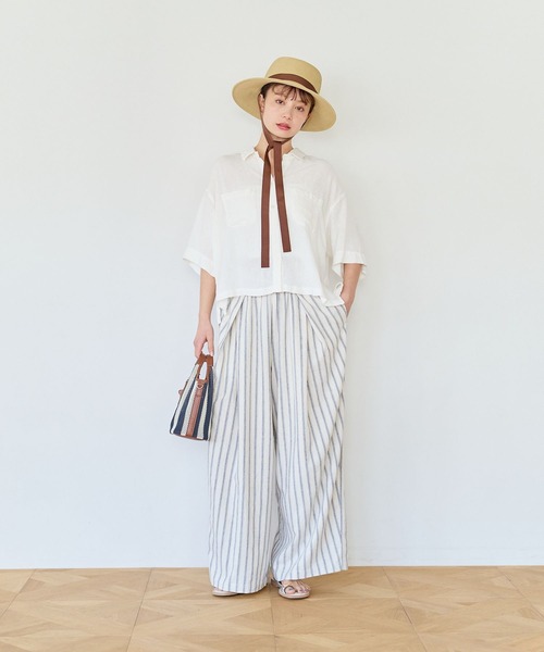 ブラウス シャツ リネンクロップド半袖シャツ レディースの画像