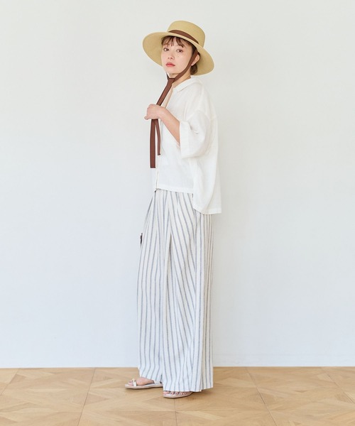 ブラウス シャツ リネンクロップド半袖シャツ レディースの画像